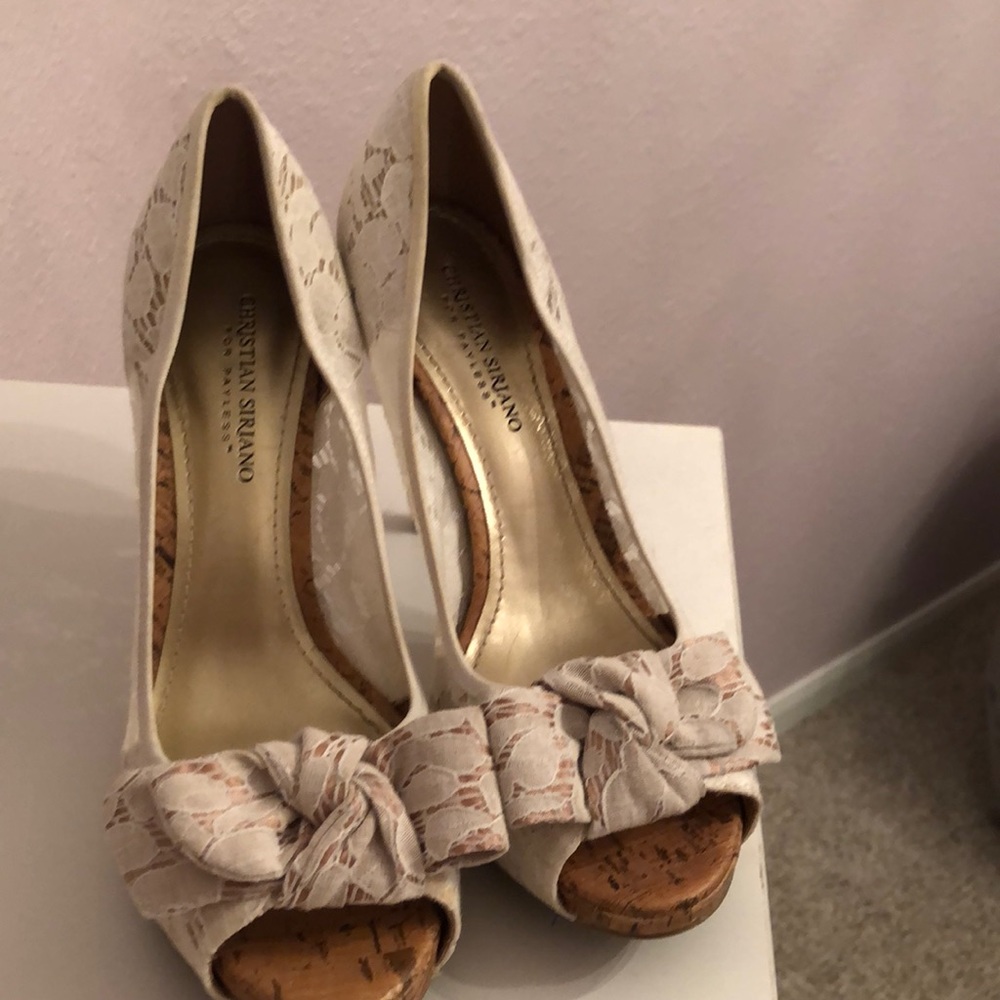 White lace bow heels